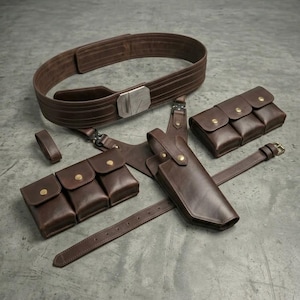 May include: A dark brown leather utility belt set featuring a wide main belt with a silver-toned metal buckle, two multi-pocket pouches with gold-toned snap closures, a holster with a strap, and an additional adjustable leg strap with a buckle.