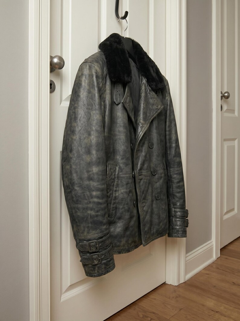 Puede incluir: Una chaqueta de cuero gris con cuello de piel negra cuelga de un gancho. La chaqueta tiene un dise&ntilde;o cruzado, varios botones y detalles de hebilla en las mangas. La chaqueta est&aacute; colgada en una puerta blanca.