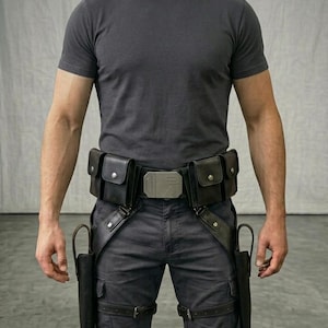 May include: A dark grey t-shirt paired with dark grey cargo trousers and a black utility belt system. The belt features multiple pouches with silver snap closures, a central metallic buckle, and two drop-leg holsters secured with adjustable leg straps.