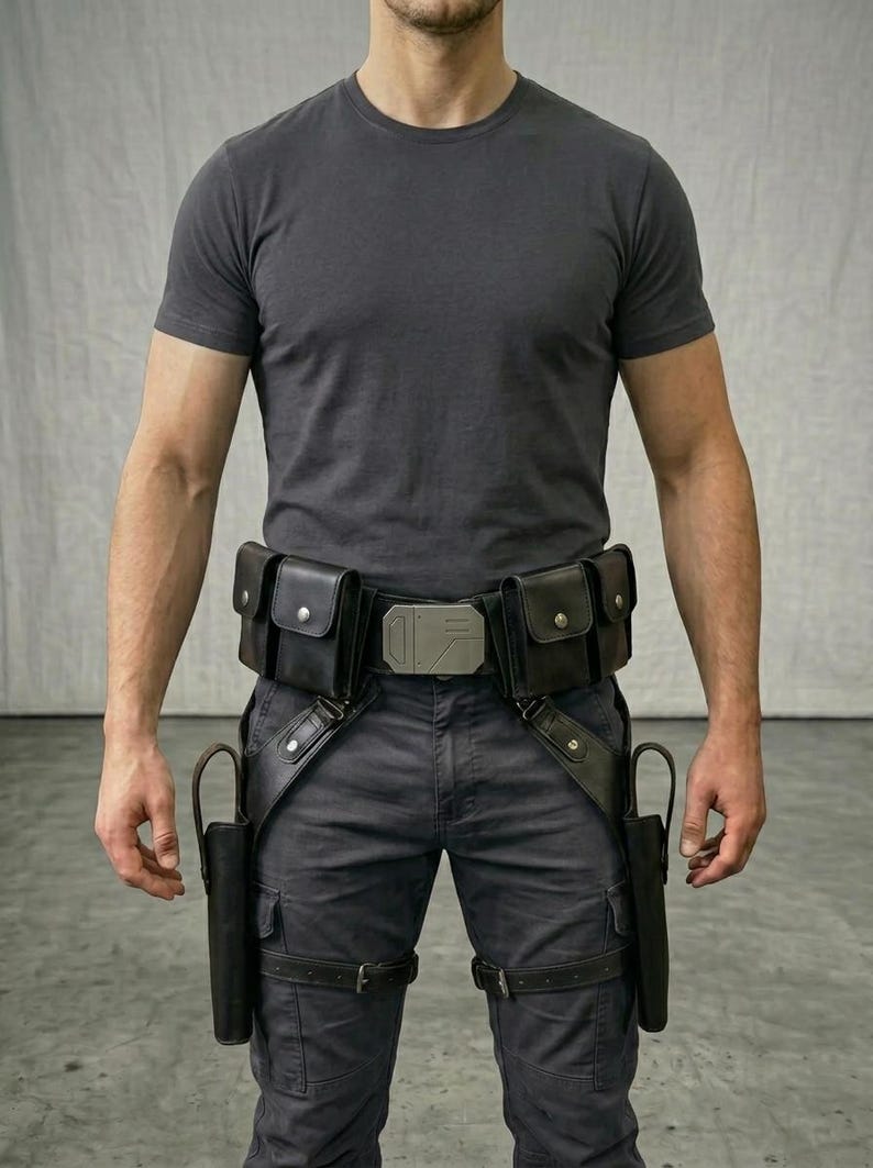 May include: A dark grey t-shirt paired with dark grey cargo trousers and a black utility belt system. The belt features multiple pouches with silver snap closures, a central metallic buckle, and two drop-leg holsters secured with adjustable leg straps.