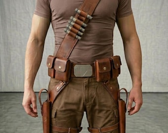 Star Wars Inspired Mandalorian Custom Handmade Leather Cosplay Utility Belt with Axe Woves, Holster & Pouches.