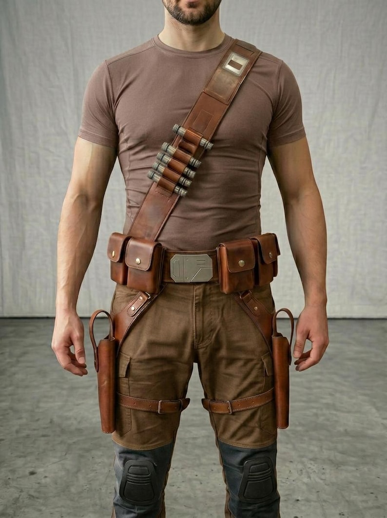 May include: A brown leather bandolier with metallic cylindrical accents worn over a brown t-shirt, paired with a matching leather utility belt featuring two side pouches, a central metallic buckle, and two vertical holsters on the thighs.