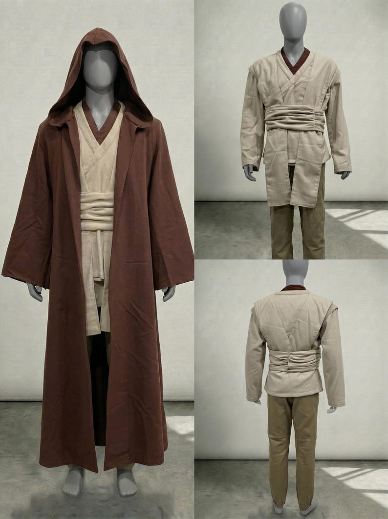 Puede incluir: Tres trajes de Jedi se exhiben en maniqu&iacute;es. Uno es una t&uacute;nica con capucha marr&oacute;n sobre una t&uacute;nica y cintur&oacute;n beige. Los otros dos son t&uacute;nicas, pantalones y cinturones beige. Los disfraces son adecuados para cosplay o eventos tem&aacute;ticos.