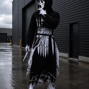 May include: A black hooded robe featuring a white distressed paint splatter pattern, worn with a white ghost mask, white gloves, and a silver-colored toy knife. The costume includes a matching black waist tie and is paired with white sneakers.