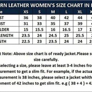 Puede incluir: Tabla de tallas para chaquetas de cuero estilo western, con medidas en pulgadas. La tabla incluye medidas de busto, cintura, hombros, largo de manga y largo para tallas XS a XXXL. Se proporcionan instrucciones para seleccionar la talla correcta.