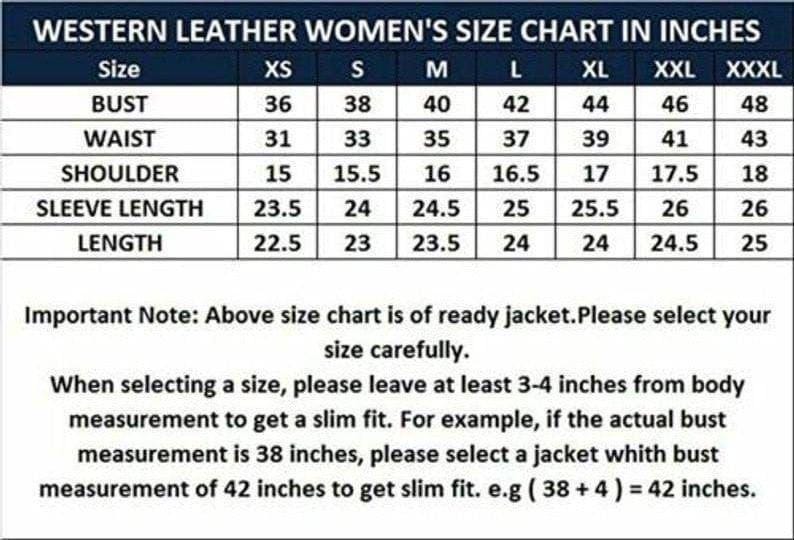 Puede incluir: Tabla de tallas para chaquetas de cuero estilo western, con medidas en pulgadas. La tabla incluye medidas de busto, cintura, hombros, largo de manga y largo para tallas XS a XXXL. Se proporcionan instrucciones para seleccionar la talla correcta.
