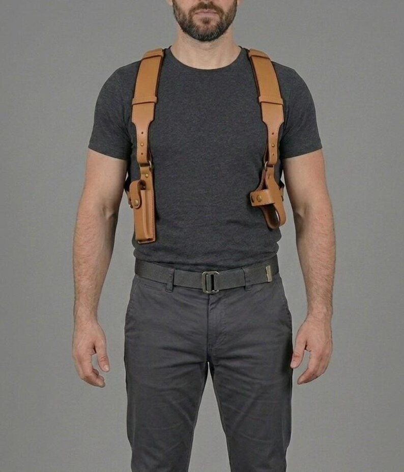May include: A tan leather shoulder holster system featuring wide shoulder straps and two side-mounted holsters with snap closures. The harness is worn over a dark grey t-shirt and is paired with dark grey trousers and a matching grey tactical belt.