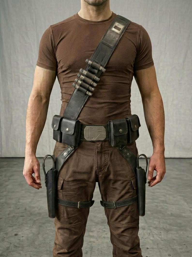 May include: A brown t-shirt and brown cargo pants worn with a black leather utility belt system. The gear includes a shoulder strap with five cylindrical loops, two waist pouches, a central metallic buckle, and two leg holsters.