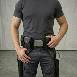 May include: A dark grey t-shirt and dark grey cargo trousers paired with a black utility belt featuring a metallic buckle, two side pouches, and two drop-leg holsters secured with adjustable straps around the thighs for a tactical appearance.
