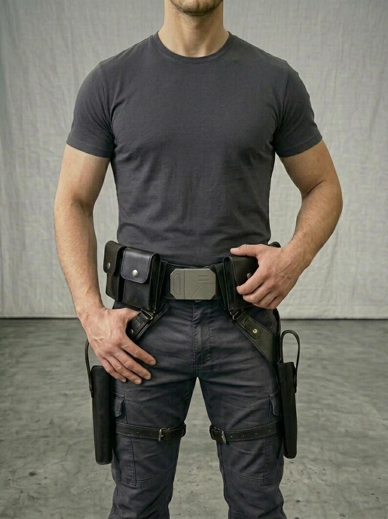 May include: A dark grey t-shirt and dark grey cargo trousers paired with a black utility belt featuring a metallic buckle, two side pouches, and two drop-leg holsters secured with adjustable straps around the thighs for a tactical appearance.