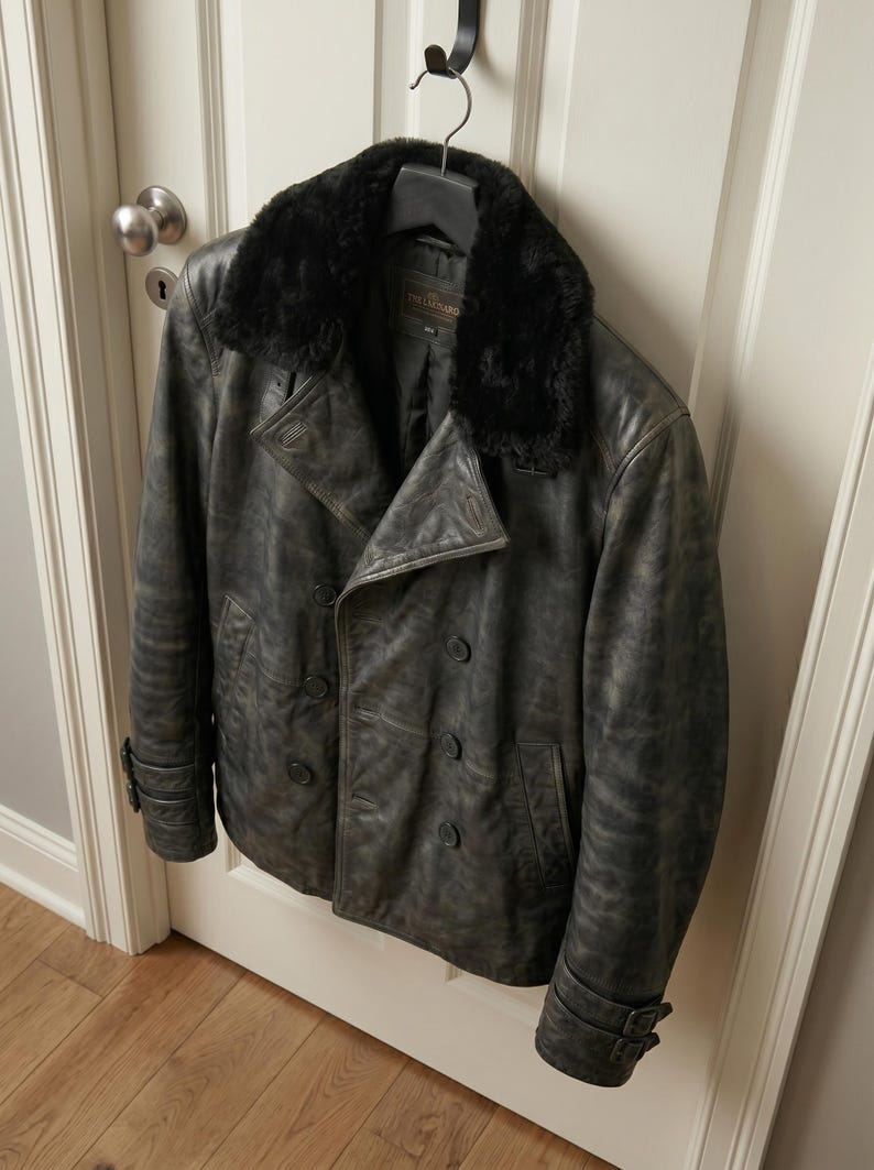 Puede incluir: Chaqueta de cuero gris oscuro con cuello de piel sint&eacute;tica negra. El abrigo cruzado tiene seis botones, dos bolsillos delanteros y detalles de hebilla en las mangas. La chaqueta est&aacute; colgada de una percha negra.