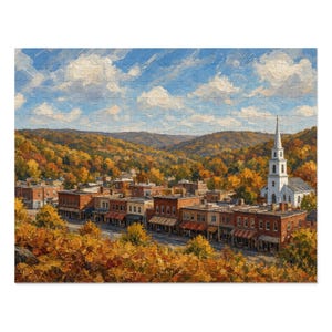 Autumn Jigsaw Puzzle for Adults, 252 Pieces, Small Town Main Street with Brick Shops, a White Church and Fall Foliage