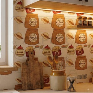 May include: A kitchen backsplash featuring a repeating pattern of brown flour bags, sugar jars, and rolling pins. A wooden cutting board stands next to a ceramic utensil holder containing wooden spoons, and a clear glass jar with black utensils.