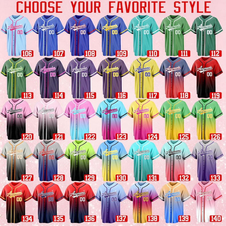 Pode incluir: Uma cole&ccedil;&atilde;o de camisas de beisebol em v&aacute;rias cores e padr&otilde;es, cada uma com o texto Anyname e o n&uacute;mero 00. As camisas est&atilde;o dispostas em uma grade, numeradas de 106 a 140, e incluem designs com listras e degrad&ecirc;s.