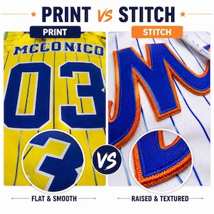 Pode incluir: Um gr&aacute;fico comparativo intitulado PRINT VS STITCH. O lado esquerdo mostra uma camisa amarela listrada com o nome impresso MCCONICO e o n&uacute;mero 03 em azul. O lado direito mostra uma camisa branca listrada com uma letra M bordada em azul e laranja.