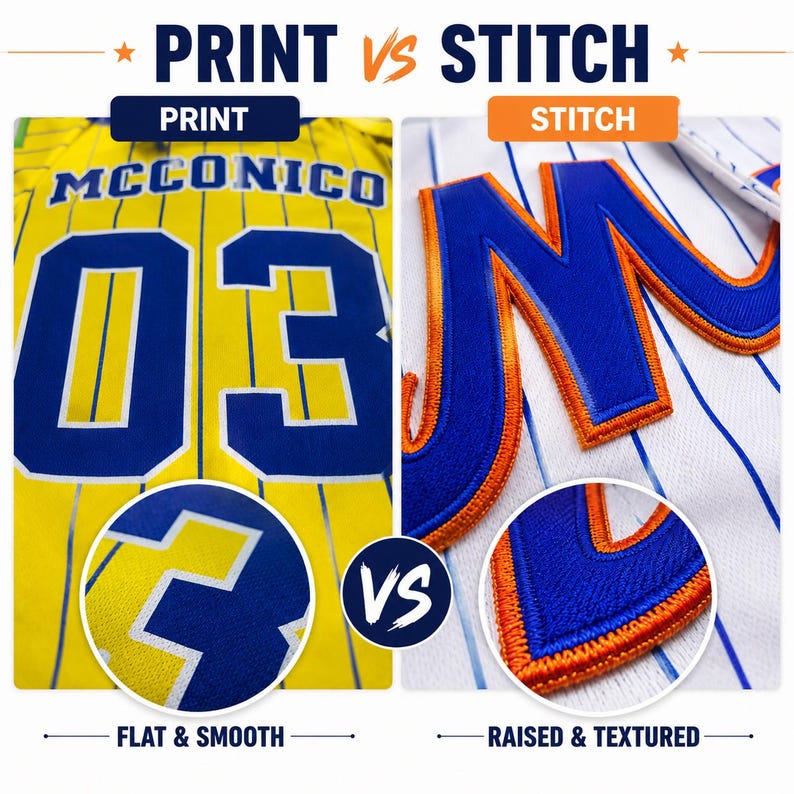 Pode incluir: Um gr&aacute;fico comparativo intitulado PRINT VS STITCH. O lado esquerdo mostra uma camisa amarela listrada com o nome impresso MCCONICO e o n&uacute;mero 03 em azul. O lado direito mostra uma camisa branca listrada com uma letra M bordada em azul e laranja.