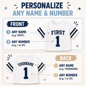 May include: A white short-sleeved jersey with navy blue stripes on the sleeves and navy blue lettering. The front displays the text FIRST and the number 1. The back displays the text YOURNAME and the number 1. Text reads PERSONALIZE ANY NAME & NUMBER.