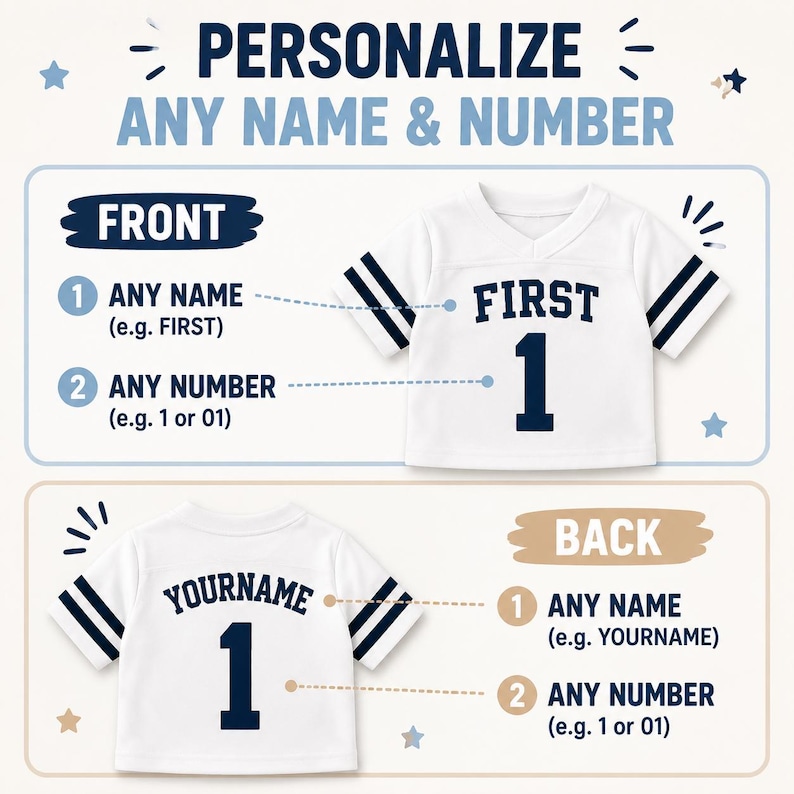 May include: A white short-sleeved jersey with navy blue stripes on the sleeves and navy blue lettering. The front displays the text FIRST and the number 1. The back displays the text YOURNAME and the number 1. Text reads PERSONALIZE ANY NAME & NUMBER.