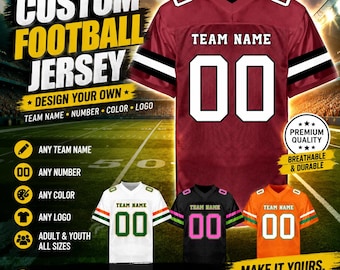 May include: A maroon football jersey with white numbers 00 and the text TEAM NAME on the chest, featuring black and white sleeve stripes. Below, three additional jerseys are shown in white with green, black with pink, and orange with green accents.