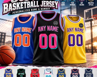 May include: Three sleeveless basketball jerseys in blue, black, and yellow, each featuring the text ANY NAME and the number 00. The jerseys have contrasting trim and circular logo placements. Additional jersey colour variations are shown below.