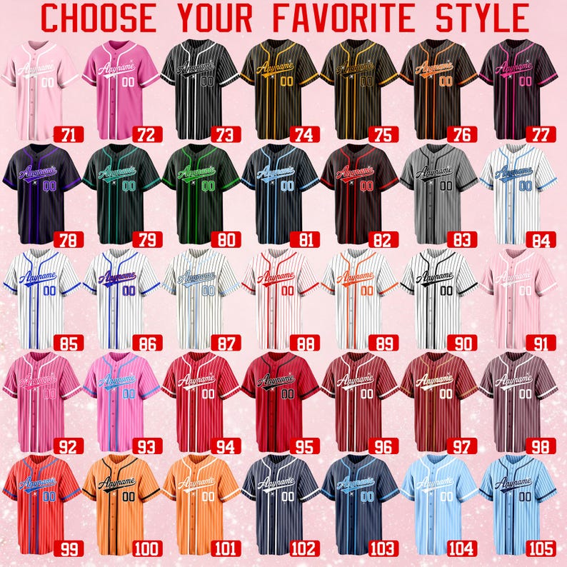 Pode incluir: Uma cole&ccedil;&atilde;o de trinta e cinco camisas de beisebol com bot&otilde;es em v&aacute;rias cores e padr&otilde;es de riscas, cada uma rotulada com um n&uacute;mero de 71 a 105. O texto CHOOSE YOUR FAVORITE STYLE &eacute; exibido no topo da imagem.