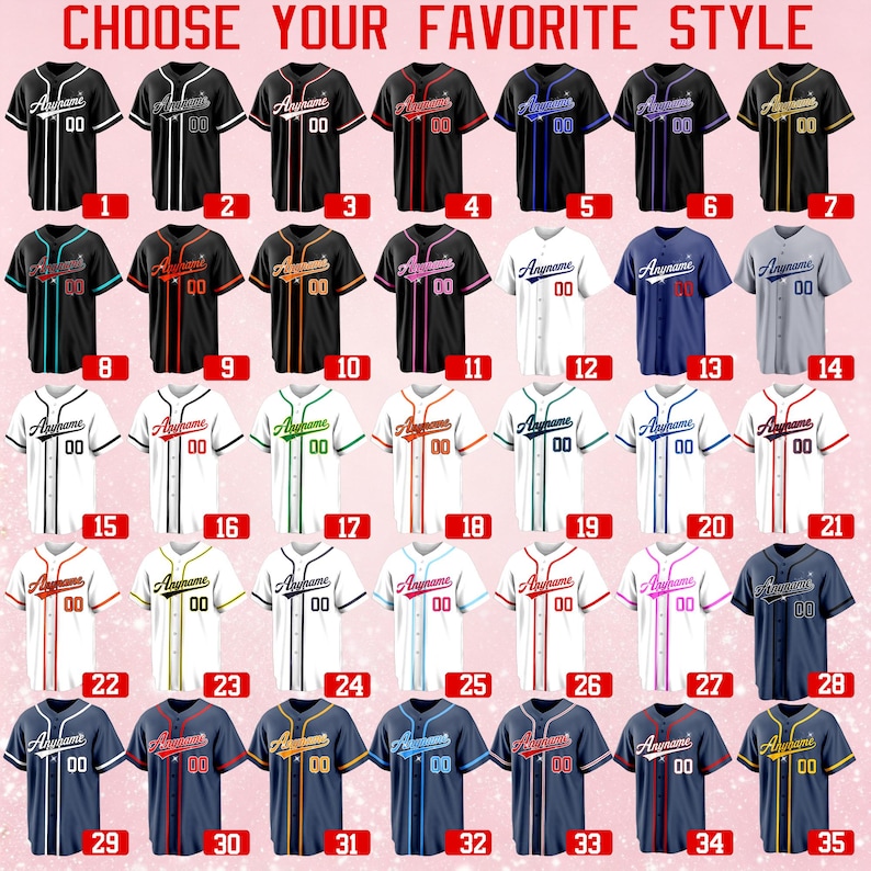 Pode incluir: Uma cole&ccedil;&atilde;o de trinta e cinco camisas de beisebol com bot&otilde;es em v&aacute;rias combina&ccedil;&otilde;es de cores, cada uma com o texto Anyname e o n&uacute;mero 00. A imagem inclui o texto CHOOSE YOUR FAVORITE STYLE e etiquetas vermelhas numeradas.