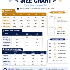 May include: A size chart for baby, preschool, and youth jerseys featuring tables with chest, length, and hip measurements in inches and centimetres. It includes a guide on how to measure, an approximate age guide, and tips for choosing sizes.