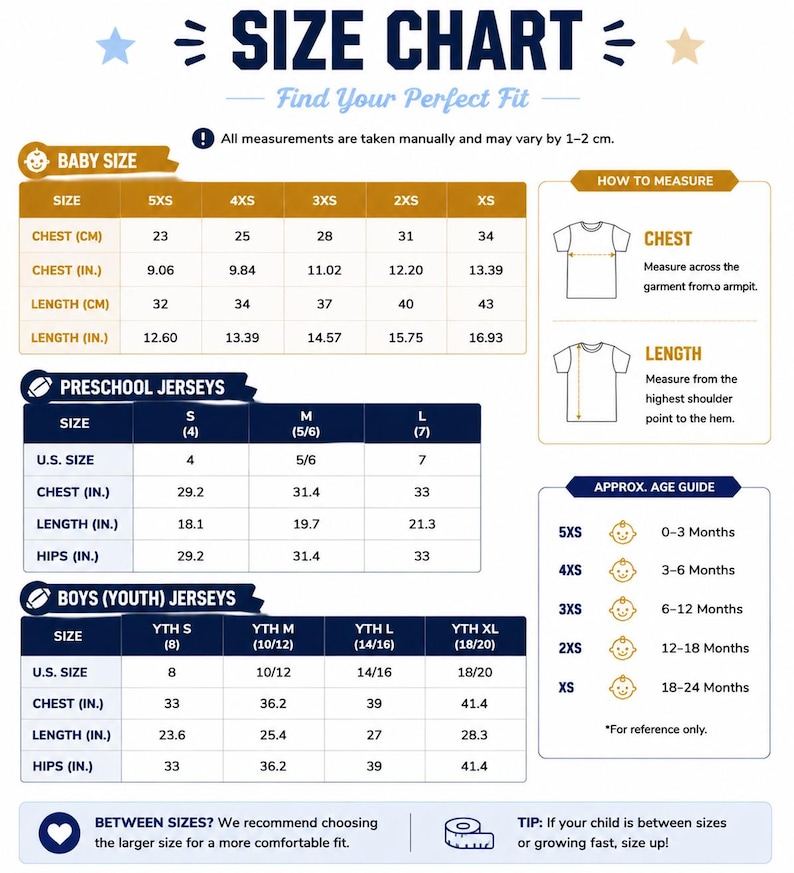 May include: A size chart for baby, preschool, and youth jerseys featuring tables with chest, length, and hip measurements in inches and centimetres. It includes a guide on how to measure, an approximate age guide, and tips for choosing sizes.
