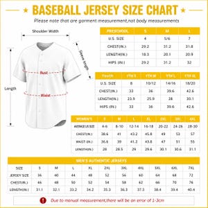 Pode incluir: Uma tabela de tamanhos de camisola de basebol branca com um diagrama de uma camisola branca lisa com bot&otilde;es, rotulada com largura dos ombros, comprimento da manga, busto, cintura e comprimento, juntamente com tabelas detalhadas por tamanhos.
