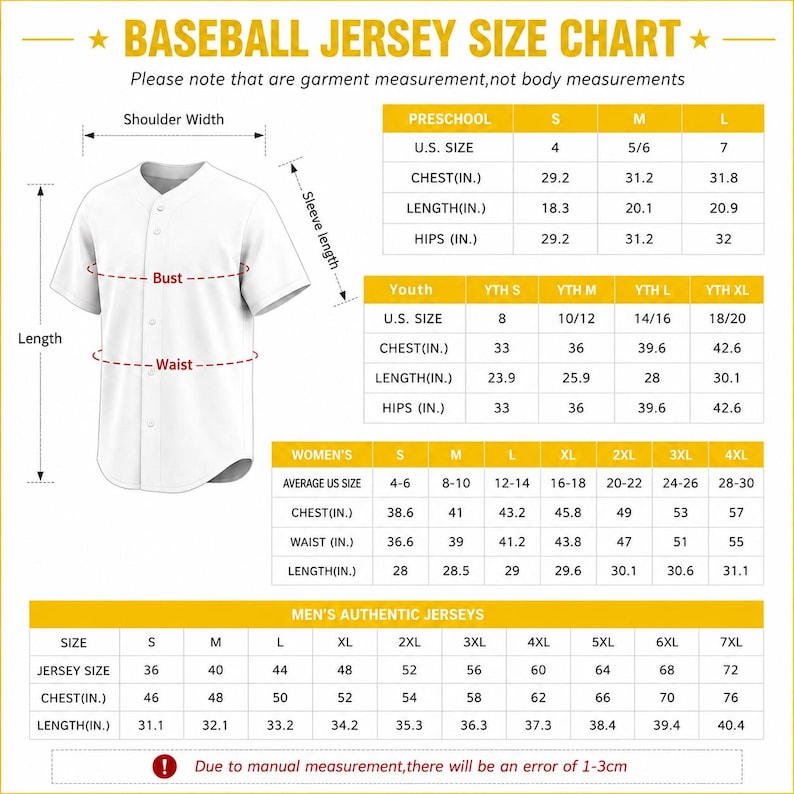 Pode incluir: Uma tabela de tamanhos de camisola de basebol branca com um diagrama de uma camisola branca lisa com bot&otilde;es, rotulada com largura dos ombros, comprimento da manga, busto, cintura e comprimento, juntamente com tabelas detalhadas por tamanhos.