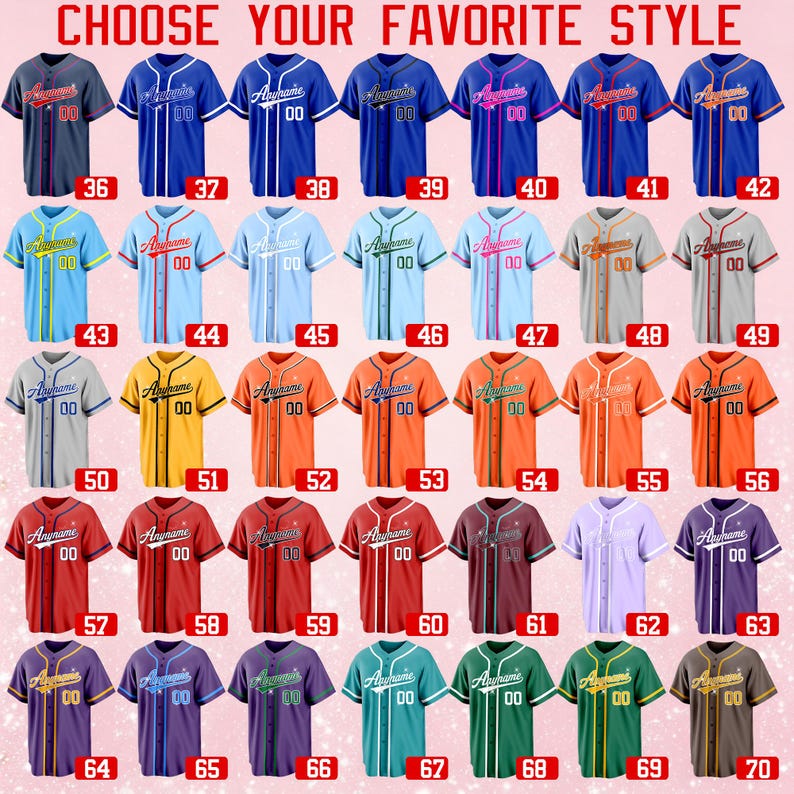 Pode incluir: Uma cole&ccedil;&atilde;o de trinta e cinco camisas de beisebol abotoadas em v&aacute;rias cores, cada uma com o texto Anyname e o n&uacute;mero 00 na frente. As camisas est&atilde;o dispostas em uma grade, numeradas de 36 a 70, com o texto CHOOSE YOUR FAVORITE STYLE.