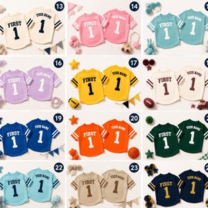 May include: A collection of twelve pairs of short-sleeved jerseys in various colours, each featuring the text FIRST and the number 1 on the front, and the text YOUR NAME and the number 1 on the back, displayed in a grid numbered 13 through 24.