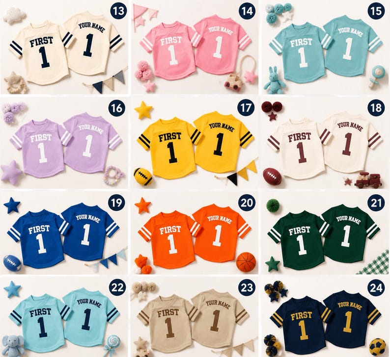 May include: A collection of twelve pairs of short-sleeved jerseys in various colours, each featuring the text FIRST and the number 1 on the front, and the text YOUR NAME and the number 1 on the back, displayed in a grid numbered 13 through 24.