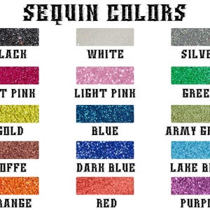 Pode incluir: Uma tabela de cores intitulada SEQUIN COLORS exibindo quinze amostras retangulares de lantejoulas brilhantes em preto, branco, prata, rosa choque, rosa claro, verde, dourado, azul, verde militar, caf&eacute;, azul escuro, azul lago, laranja, vermelho e roxo.
