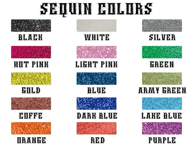 Pode incluir: Uma tabela de cores intitulada SEQUIN COLORS exibindo quinze amostras retangulares de lantejoulas brilhantes em preto, branco, prata, rosa choque, rosa claro, verde, dourado, azul, verde militar, caf&eacute;, azul escuro, azul lago, laranja, vermelho e roxo.
