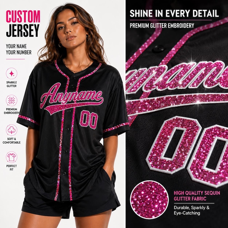Pode incluir: Uma camisa de beisebol preta com bordado de glitter rosa para o texto Anyname e o n&uacute;mero 00. A camisa tem uma frente abotoada com acabamento em glitter rosa ao longo da carcela, gola e punhos das mangas com uma textura vis&iacute;vel.