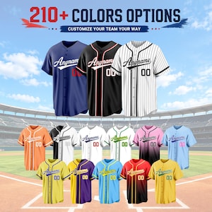 May include: A collection of short-sleeve button-down baseball jerseys in various colors and patterns, including solid, pinstriped, and gradient designs. Each jersey features the text Anyname and the number 00. Text reads 210+ COLORS OPTIONS.