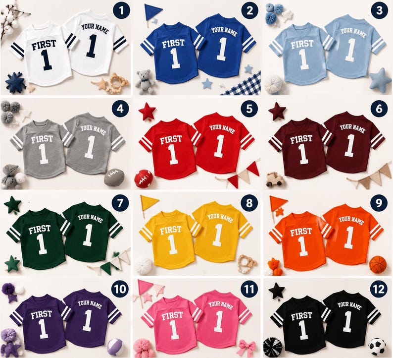 May include: A collection of twelve pairs of short-sleeved jerseys in various colours, each featuring the text "FIRST" and the number "1" on the front, with "YOUR NAME" and the number "1" printed on the back, all with striped sleeve details.
