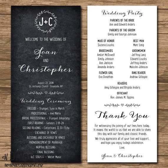Rustic Chalkboard Wedding Program Ceremony Program Etsy