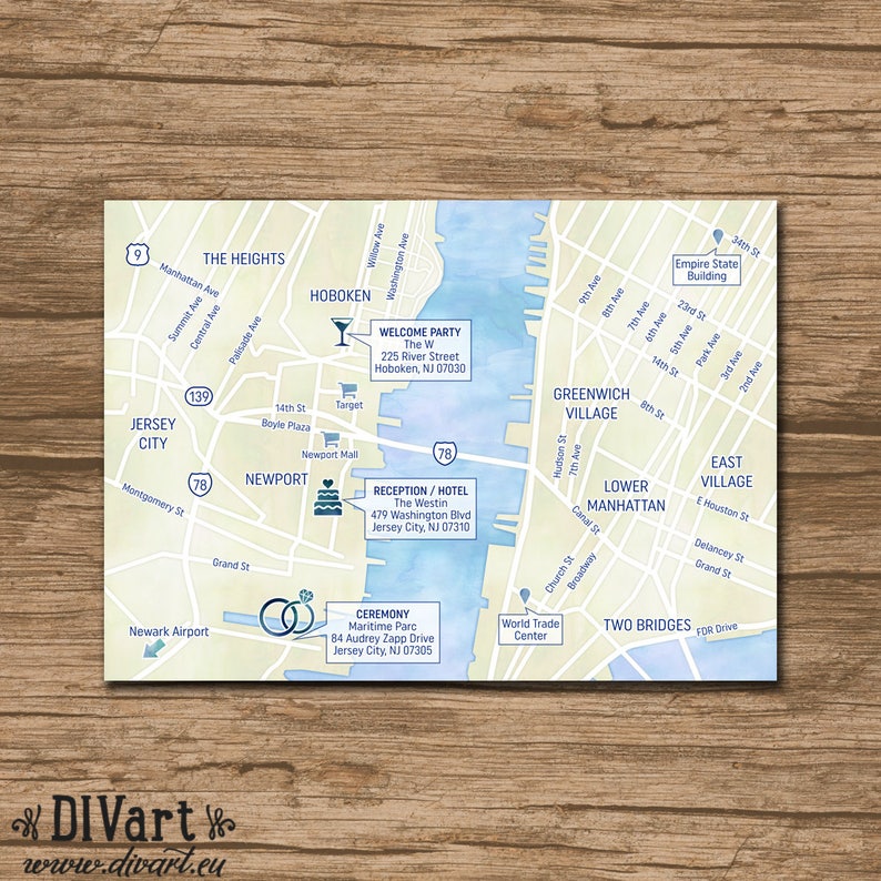 PRINTABLE or PRINTED welcome bag map Directions digi-watercolors Event Map Insert with a map Enclosure Card Custom Wedding Map