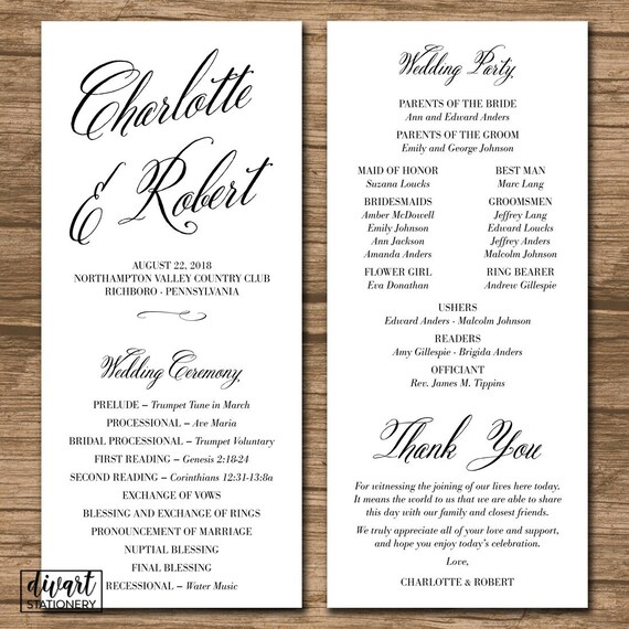 Printed Wedding Program Ceremony Program Order Of Events Etsy