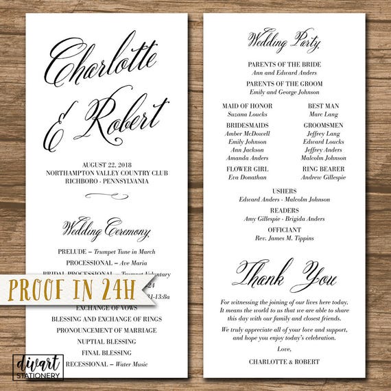Printed Wedding Program Ceremony Program Order Of Events Etsy