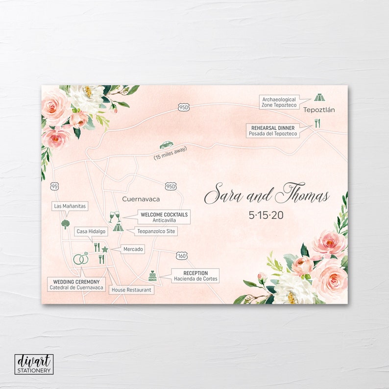 PRINTABLE or PRINTED welcome bag map Directions digi-watercolors Event Map Insert with a map Enclosure Card Custom Wedding Map
