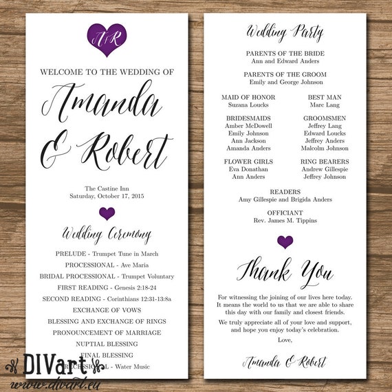 Wedding Program Ceremony Program Order Of Events Printable Etsy