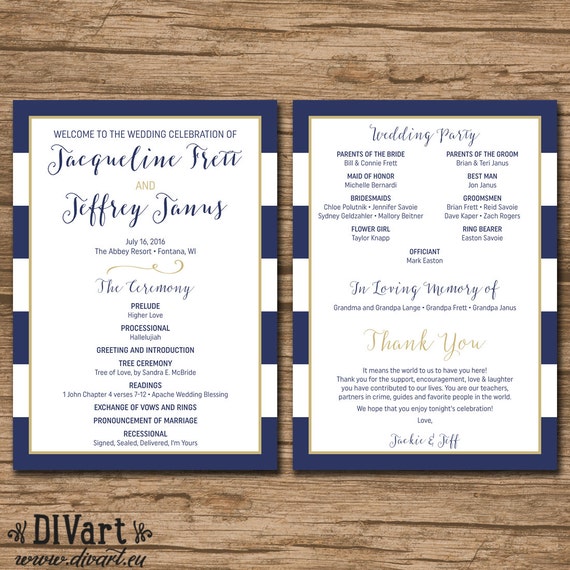 Nautical Wedding Program Order Of Ceremony Printable Or Etsy