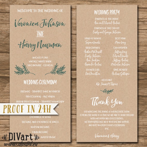 Rustic Wedding Program Ceremony Program Order Of Events Etsy