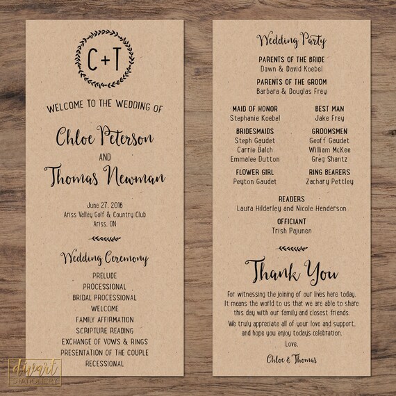 Wedding Program Ceremony Program Printable Or Printed Etsy