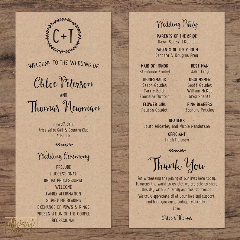 Wedding Program Ceremony Program Printable Or Printed Etsy