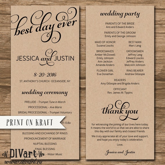 rustic wedding program order of ceremony ceremony program etsy