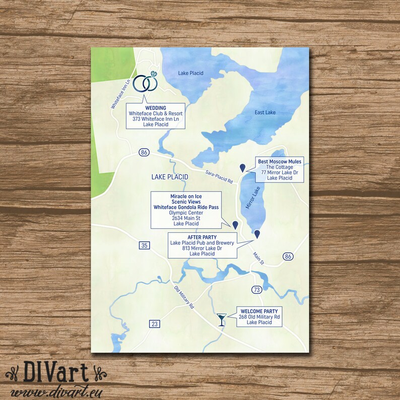 PRINTABLE or PRINTED welcome bag map Directions digi-watercolors Event Map Insert with a map Enclosure Card Custom Wedding Map